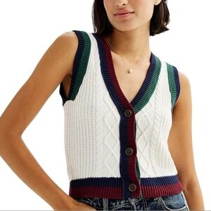 SO Preppy Collegiate Striped Cable Knit Cotton Button Front Sweater Vest NWT